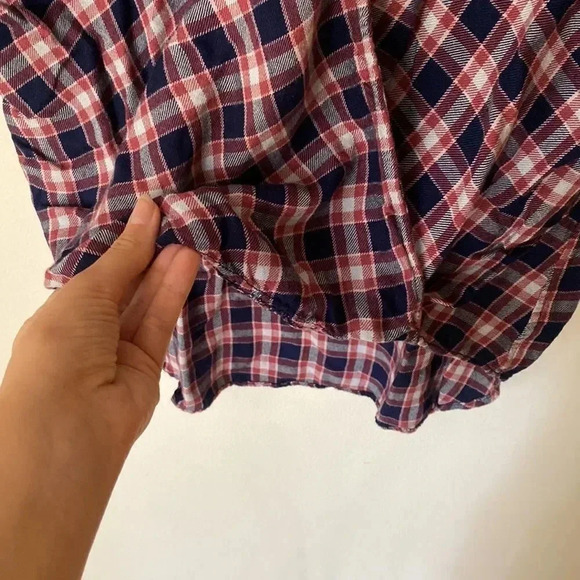 Max Studio Plaid Checkered Ruffle Flutter Sleeve Wrap Top Navy Red Size L - Picture 6 of 11